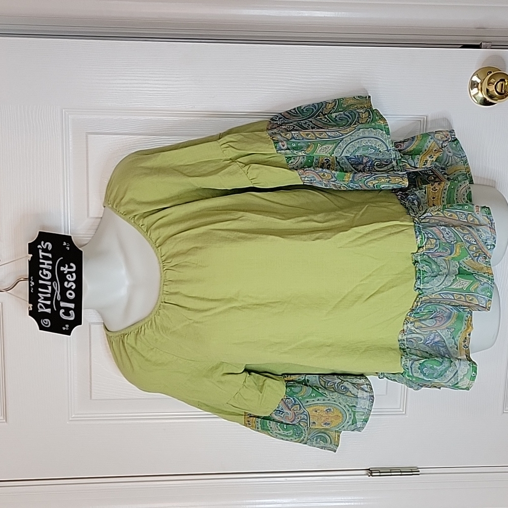 Umgee Gypsy Blouse Medium Ruffled Green Yellow Floral Paisley